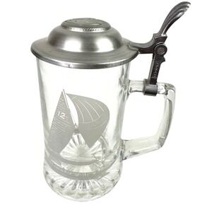 Glass Beer Stein Pewter Lid Columbia 1901 Americas Cup ALWE Old Spice W. Germany